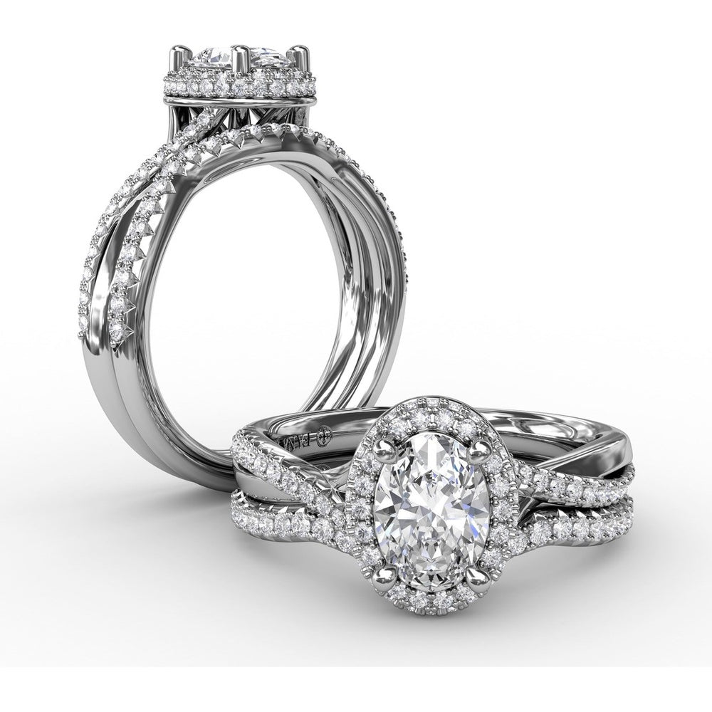 Oval Double Halo Engagement Ring Setting with Pavé Twisted Shank by Fana - 0.83 Carat Total Diamond Weight