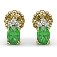 Oval Emerald and Diamond Cluster Stud Earrings by Fana - 1.04 Carat Total Gemstone Weight