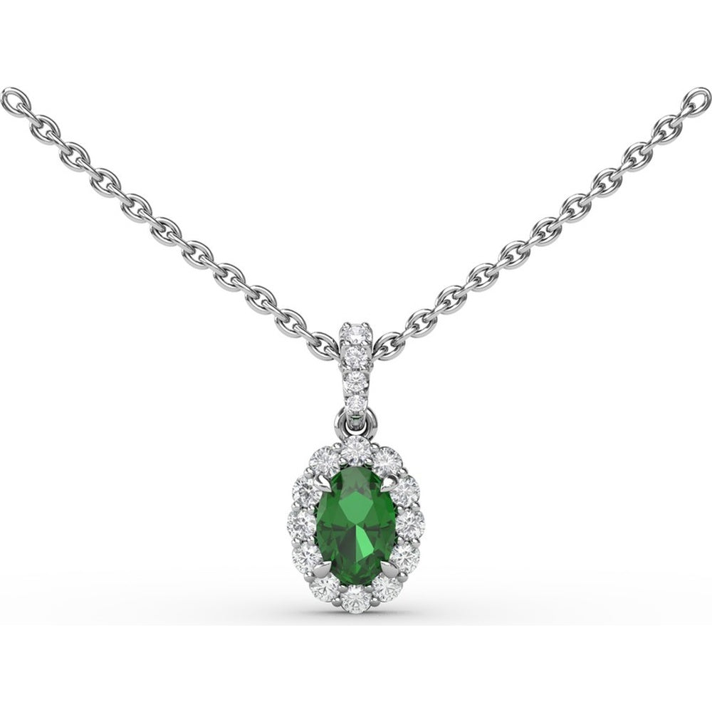 Oval Emerald and Diamond Halo Pendant Necklace with Pavé Bail by Fana - 0.70 Carat Total Gemstone Weight