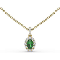 Oval Emerald and Diamond Halo Pendant Necklace with Pavé Bail by Fana - 0.70 Carat Total Gemstone Weight