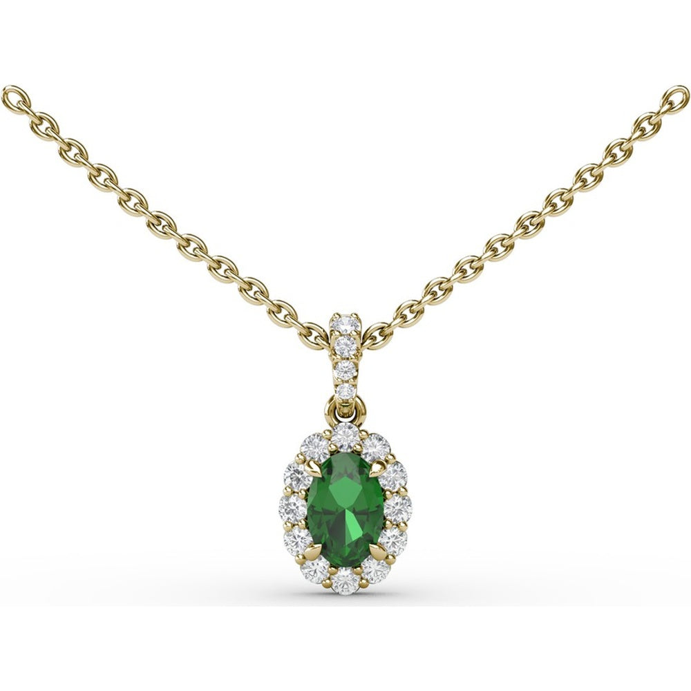 Oval Emerald and Diamond Halo Pendant Necklace with Pavé Bail by Fana - 0.70 Carat Total Gemstone Weight