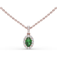 Oval Emerald and Diamond Halo Pendant Necklace with Pavé Bail by Fana - 0.70 Carat Total Gemstone Weight
