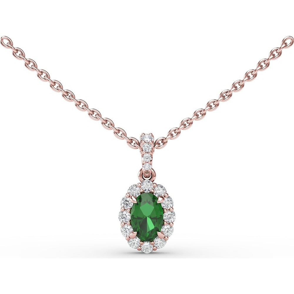 Oval Emerald and Diamond Halo Pendant Necklace with Pavé Bail by Fana - 0.70 Carat Total Gemstone Weight