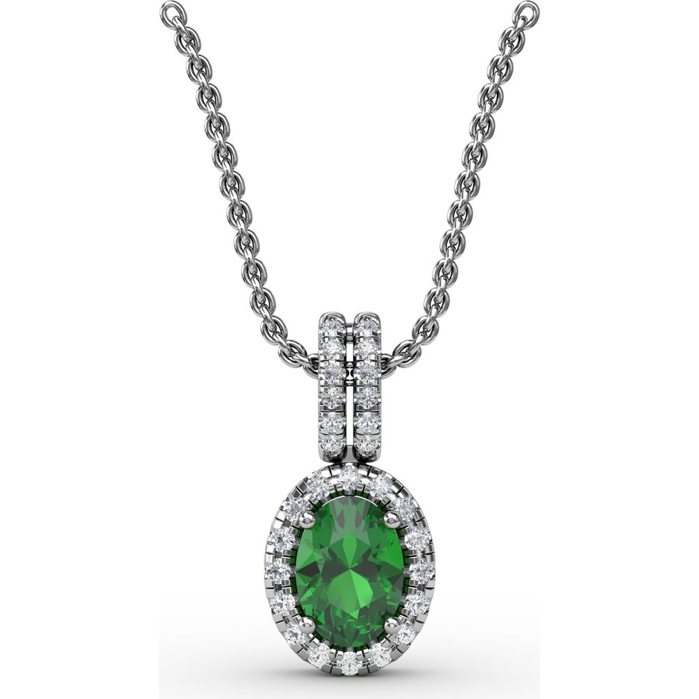 Oval Emerald and Diamond Halo Pendant with Pavé Split Bale by Fana - 0.63 Carat Total Gemstone Weight