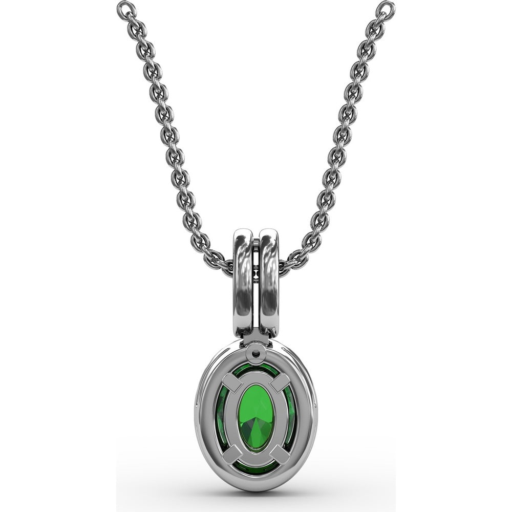 Oval Emerald and Diamond Halo Pendant with Pavé Split Bale by Fana - 0.63 Carat Total Gemstone Weight