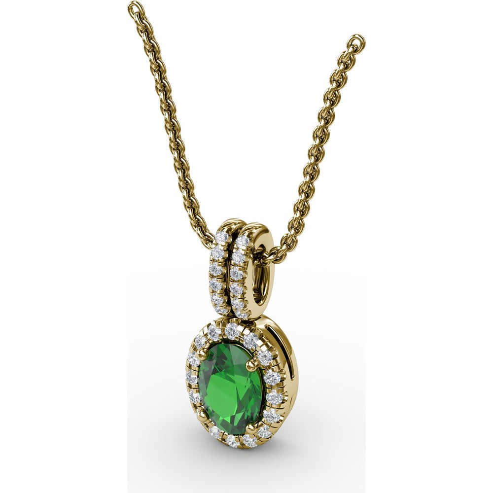 Oval Emerald and Diamond Halo Pendant with Pavé Split Bale by Fana - 0.63 Carat Total Gemstone Weight