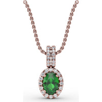 Oval Emerald and Diamond Halo Pendant with Pavé Split Bale by Fana - 0.63 Carat Total Gemstone Weight