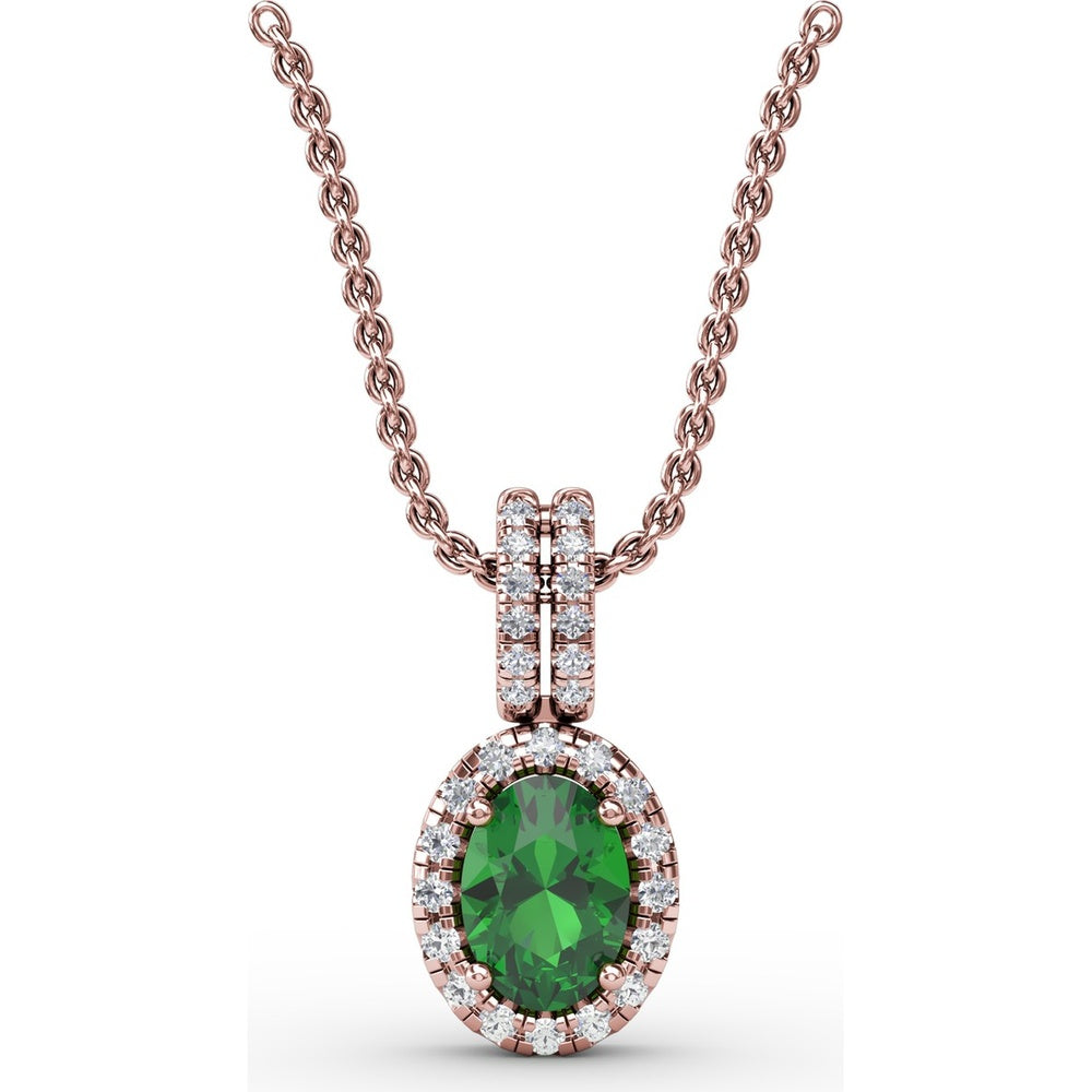 Oval Emerald and Diamond Halo Pendant with Pavé Split Bale by Fana - 0.63 Carat Total Gemstone Weight