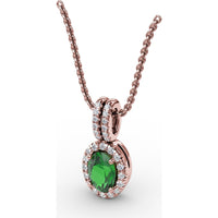 Oval Emerald and Diamond Halo Pendant with Pavé Split Bale by Fana - 0.63 Carat Total Gemstone Weight