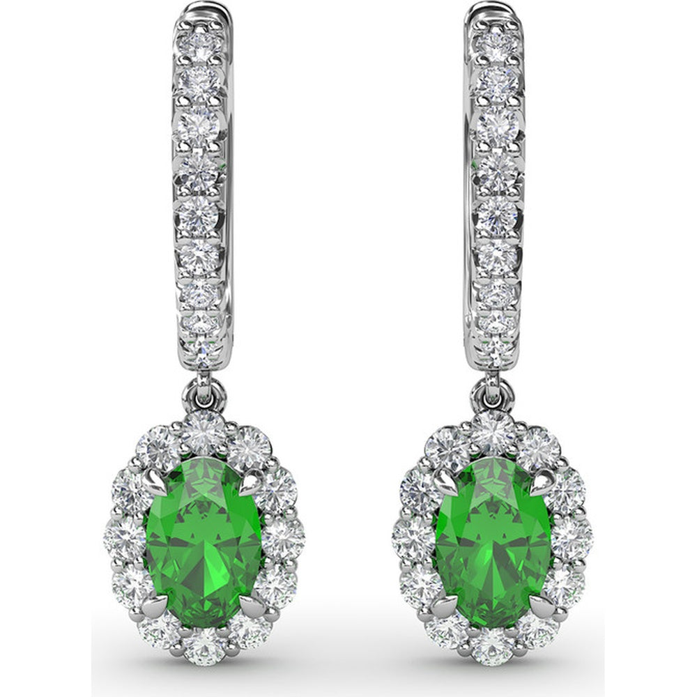 Oval Emerald Drop Earrings with Pavé Diamond Bar and Halo by Fana - 1.53 Carat Total Gemstone Weight