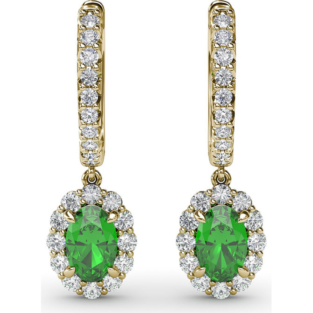 Oval Emerald Drop Earrings with Pavé Diamond Bar and Halo by Fana - 1.53 Carat Total Gemstone Weight