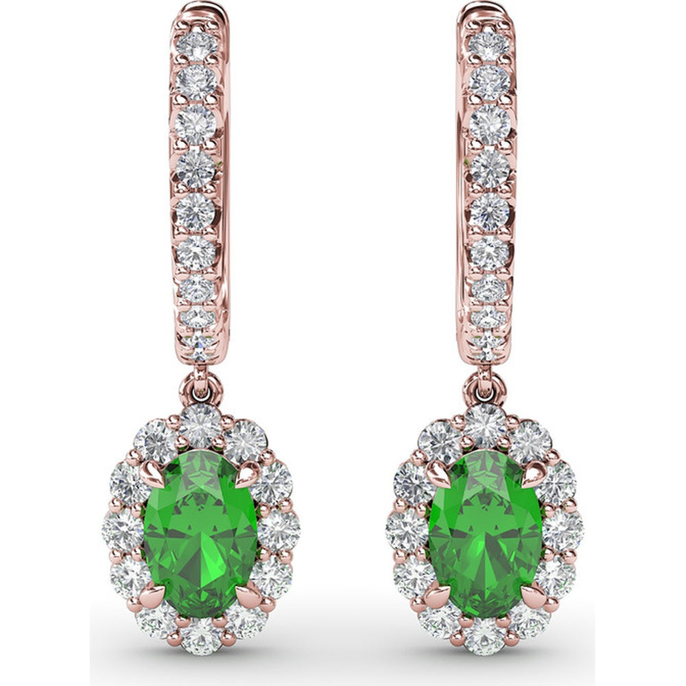 Oval Emerald Drop Earrings with Pavé Diamond Bar and Halo by Fana - 1.53 Carat Total Gemstone Weight