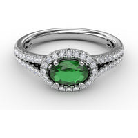 Oval Emerald Engagement Ring with Diamond Halo and Split Shank by Fana - 0.74 Carat Total Gemstone Weight