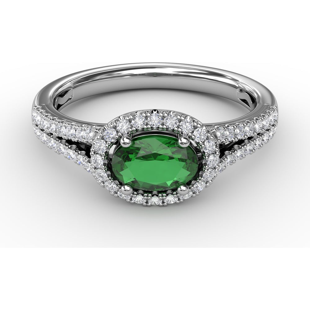 Oval Emerald Engagement Ring with Diamond Halo and Split Shank by Fana - 0.74 Carat Total Gemstone Weight