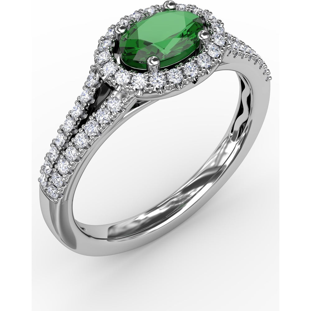 Oval Emerald Engagement Ring with Diamond Halo and Split Shank by Fana - 0.74 Carat Total Gemstone Weight