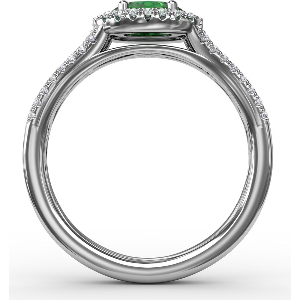 Oval Emerald Engagement Ring with Diamond Halo and Split Shank by Fana - 0.74 Carat Total Gemstone Weight