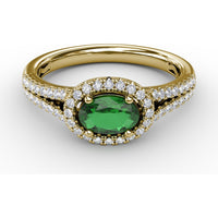Oval Emerald Engagement Ring with Diamond Halo and Split Shank by Fana - 0.74 Carat Total Gemstone Weight