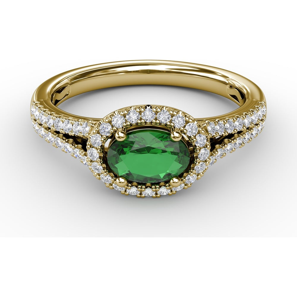 Oval Emerald Engagement Ring with Diamond Halo and Split Shank by Fana - 0.74 Carat Total Gemstone Weight