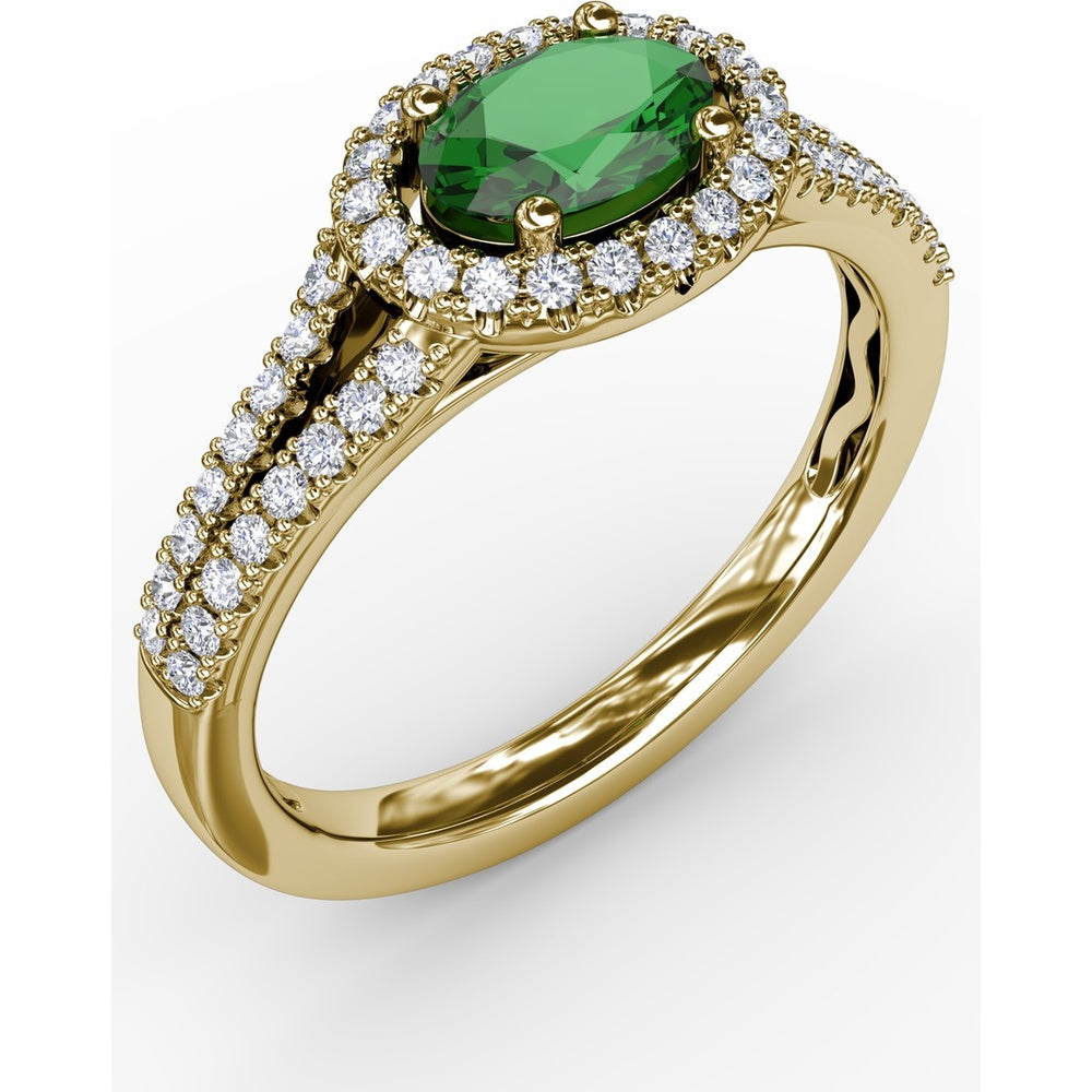Oval Emerald Engagement Ring with Diamond Halo and Split Shank by Fana - 0.74 Carat Total Gemstone Weight