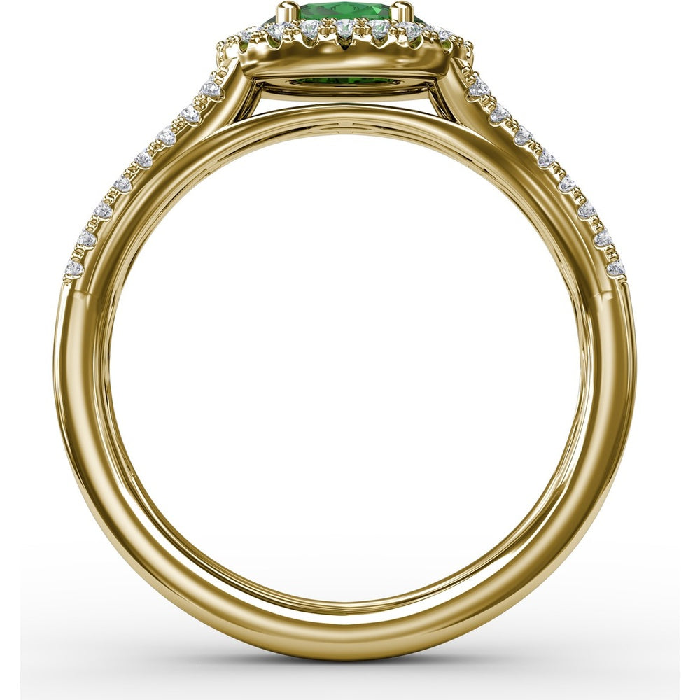 Oval Emerald Engagement Ring with Diamond Halo and Split Shank by Fana - 0.74 Carat Total Gemstone Weight