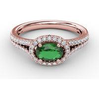 Oval Emerald Engagement Ring with Diamond Halo and Split Shank by Fana - 0.74 Carat Total Gemstone Weight