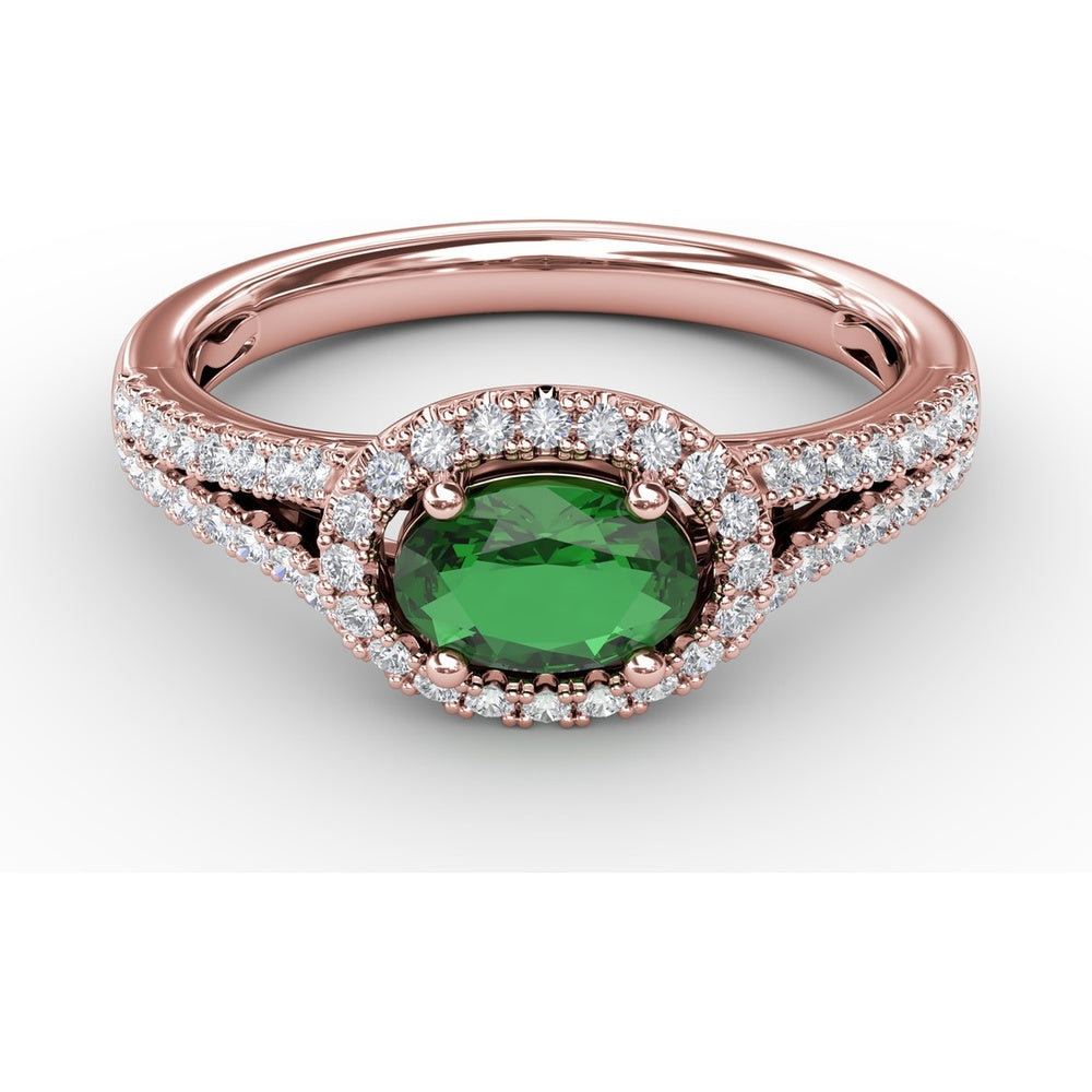 Oval Emerald Engagement Ring with Diamond Halo and Split Shank by Fana - 0.74 Carat Total Gemstone Weight