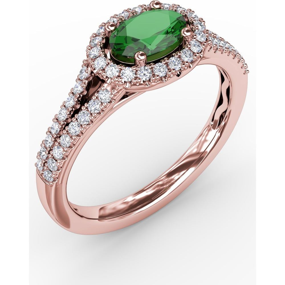 Oval Emerald Engagement Ring with Diamond Halo and Split Shank by Fana - 0.74 Carat Total Gemstone Weight