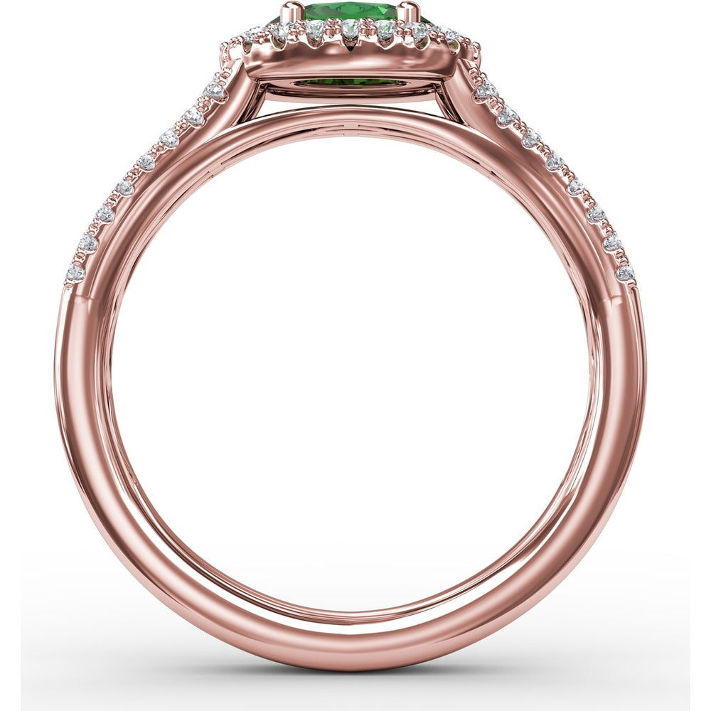 Oval Emerald Engagement Ring with Diamond Halo and Split Shank by Fana - 0.74 Carat Total Gemstone Weight