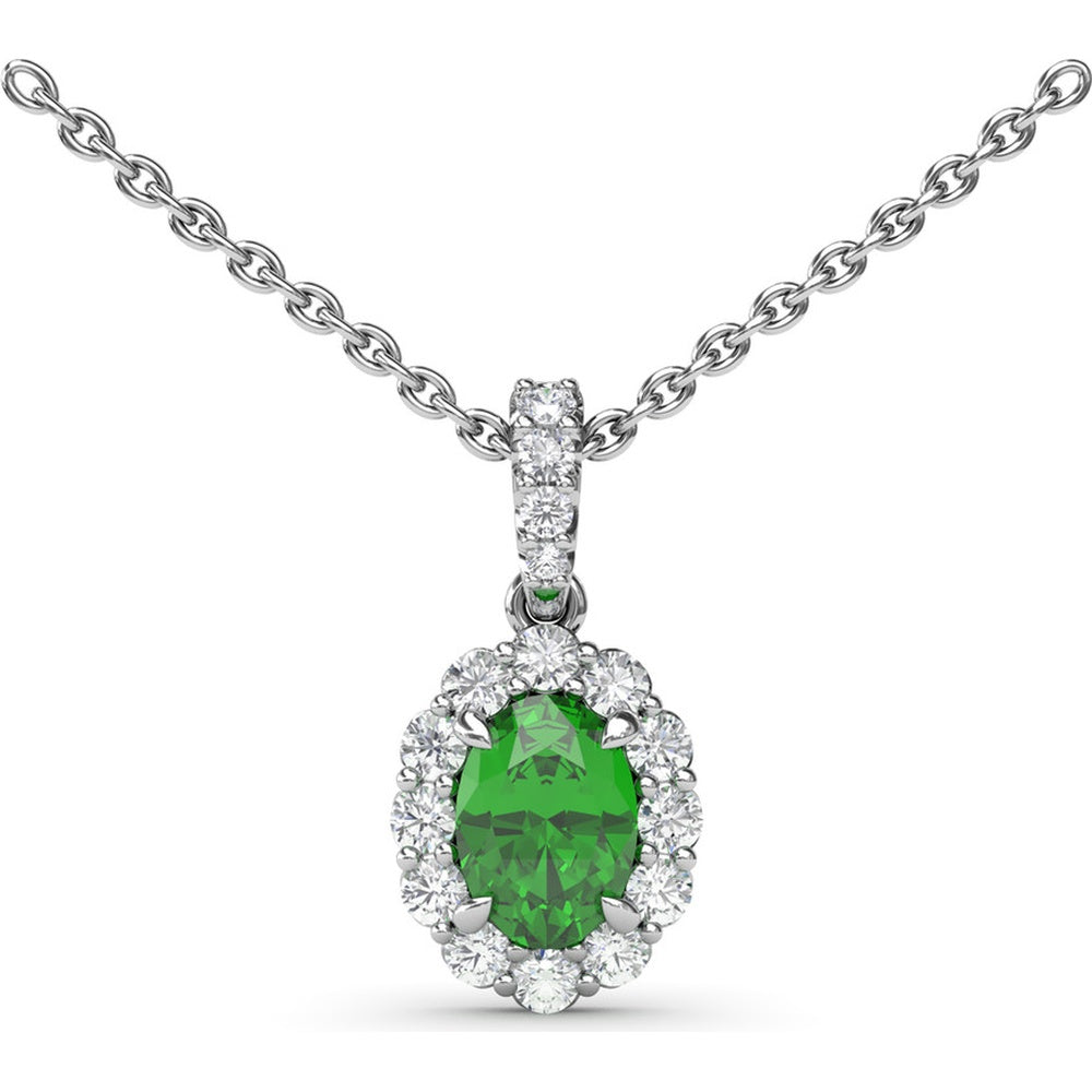 Oval Emerald Halo Pendant Necklace with Pavé Diamonds by Fana - 1.17 Carat Total Gemstone Weight