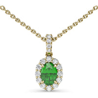 Oval Emerald Halo Pendant Necklace with Pavé Diamonds by Fana - 1.17 Carat Total Gemstone Weight
