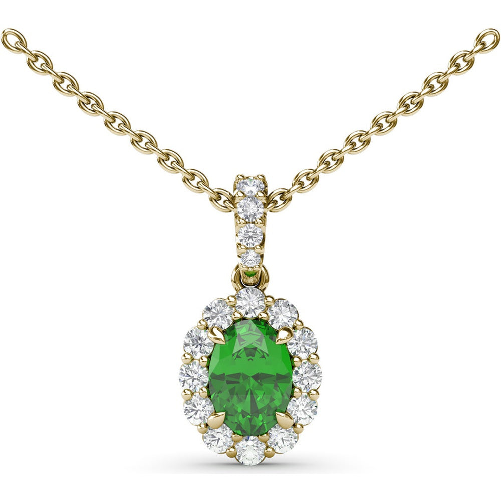 Oval Emerald Halo Pendant Necklace with Pavé Diamonds by Fana - 1.17 Carat Total Gemstone Weight