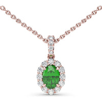 Oval Emerald Halo Pendant Necklace with Pavé Diamonds by Fana - 1.17 Carat Total Gemstone Weight