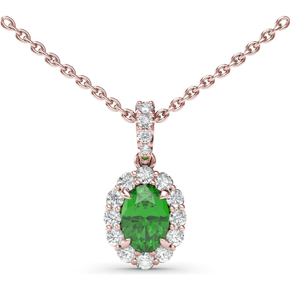 Oval Emerald Halo Pendant Necklace with Pavé Diamonds by Fana - 1.17 Carat Total Gemstone Weight