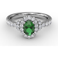 Oval Emerald Halo Ring with Pavé Diamond Band by Fana - 1.02 Carat Total Gemstone Weight