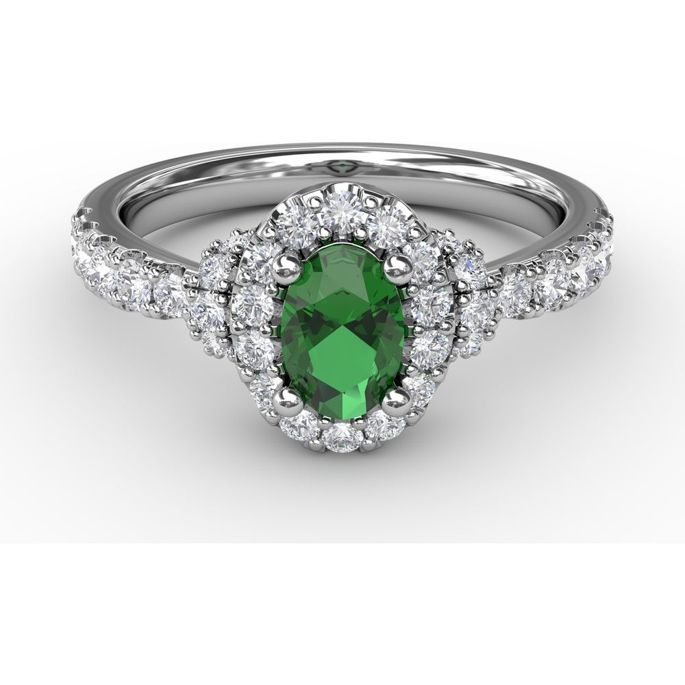 Oval Emerald Halo Ring with Pavé Diamond Band by Fana - 1.02 Carat Total Gemstone Weight