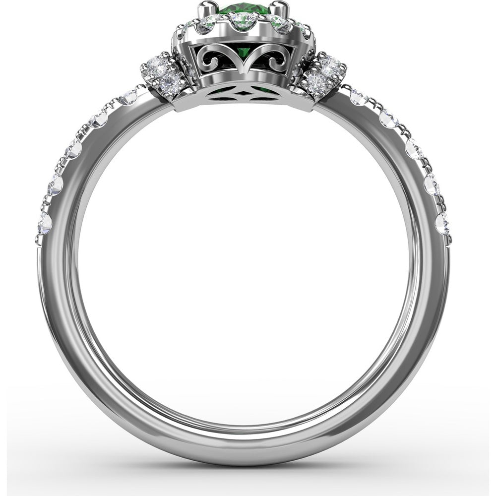 Oval Emerald Halo Ring with Pavé Diamond Band by Fana - 1.02 Carat Total Gemstone Weight