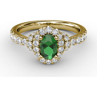 Oval Emerald Halo Ring with Pavé Diamond Band by Fana - 1.02 Carat Total Gemstone Weight