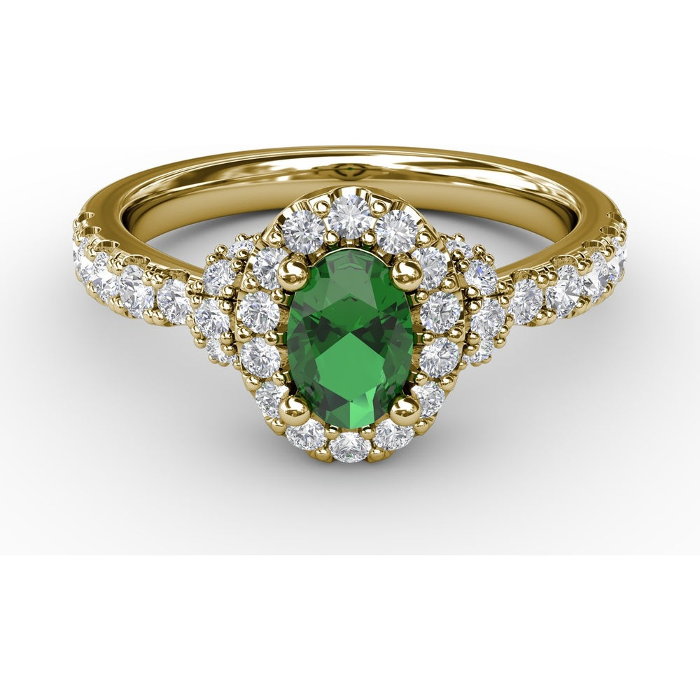 Oval Emerald Halo Ring with Pavé Diamond Band by Fana - 1.02 Carat Total Gemstone Weight