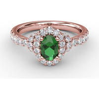 Oval Emerald Halo Ring with Pavé Diamond Band by Fana - 1.02 Carat Total Gemstone Weight