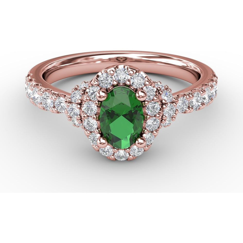 Oval Emerald Halo Ring with Pavé Diamond Band by Fana - 1.02 Carat Total Gemstone Weight