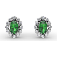 Oval Emerald Halo Stud Earrings with Pavé Set Round Diamonds by Fana - 1.32 Carat Total Gemstone Weight