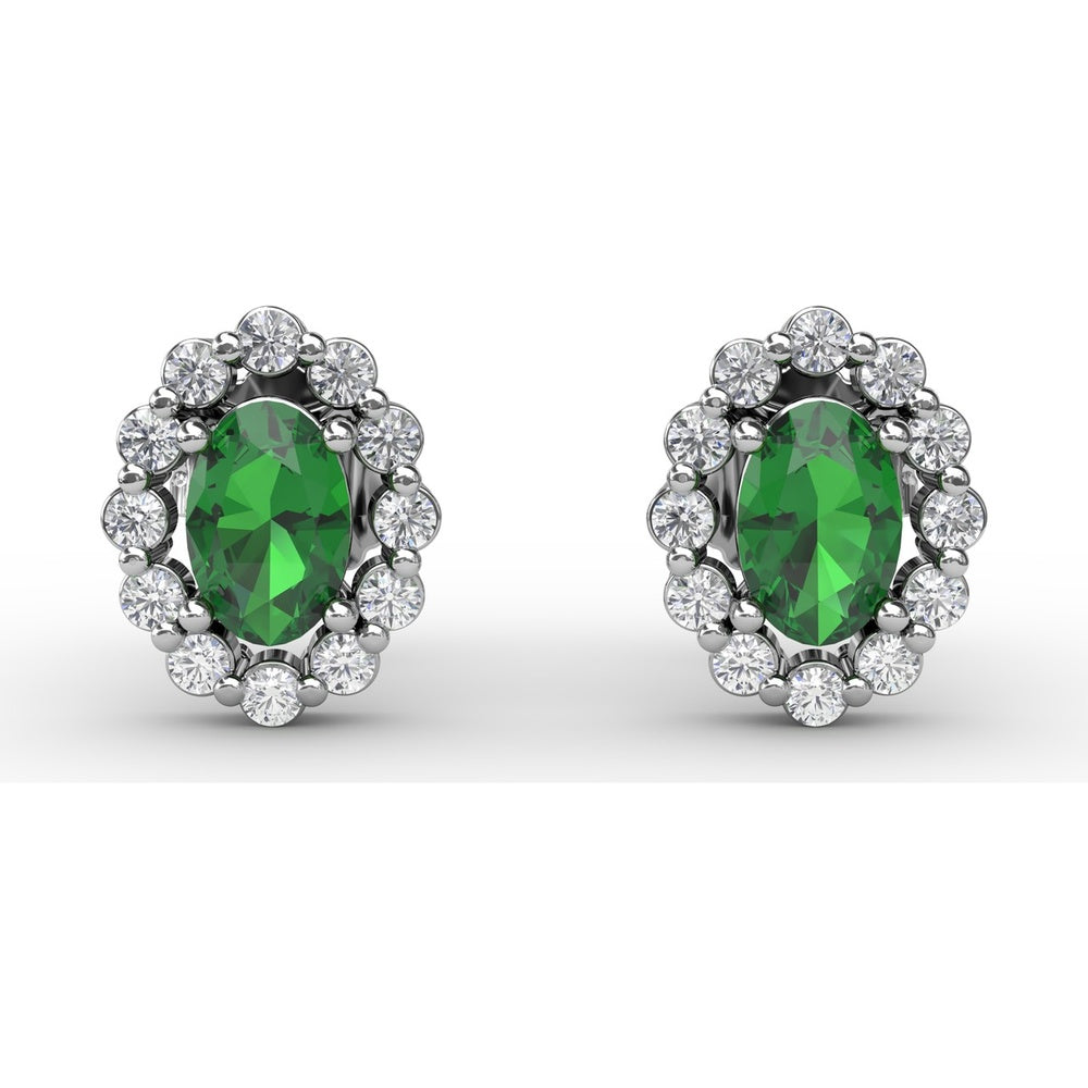 Oval Emerald Halo Stud Earrings with Pavé Set Round Diamonds by Fana - 1.32 Carat Total Gemstone Weight