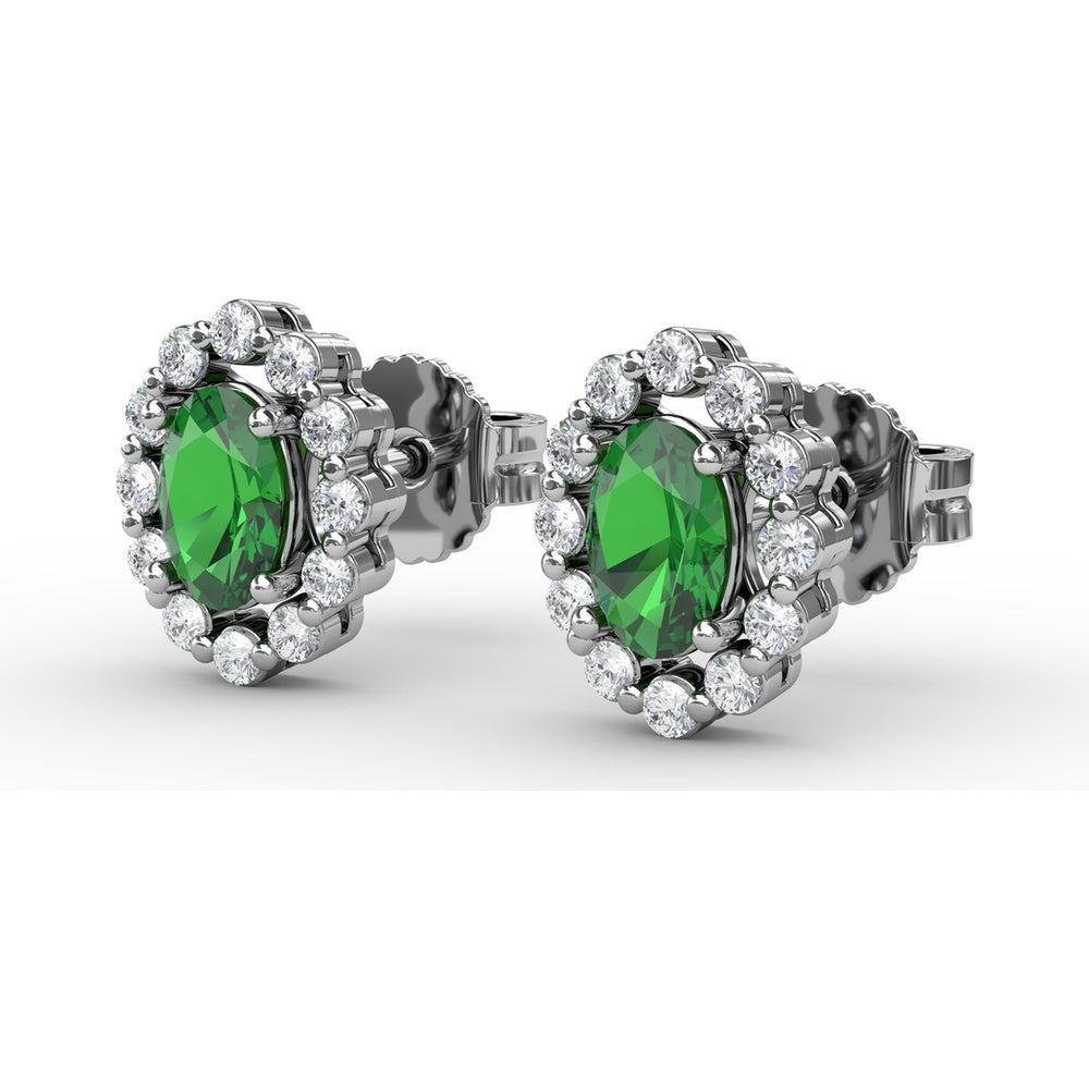 Oval Emerald Halo Stud Earrings with Pavé Set Round Diamonds by Fana - 1.32 Carat Total Gemstone Weight