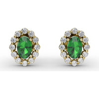Oval Emerald Halo Stud Earrings with Pavé Set Round Diamonds by Fana - 1.32 Carat Total Gemstone Weight