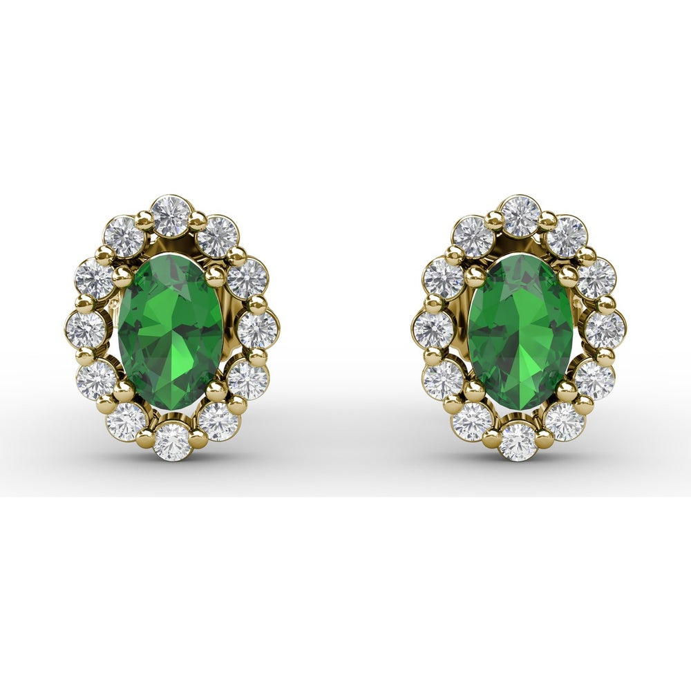 Oval Emerald Halo Stud Earrings with Pavé Set Round Diamonds by Fana - 1.32 Carat Total Gemstone Weight
