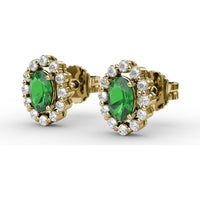 Oval Emerald Halo Stud Earrings with Pavé Set Round Diamonds by Fana - 1.32 Carat Total Gemstone Weight