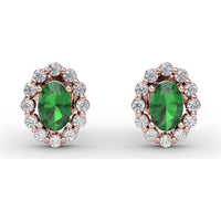 Oval Emerald Halo Stud Earrings with Pavé Set Round Diamonds by Fana - 1.32 Carat Total Gemstone Weight