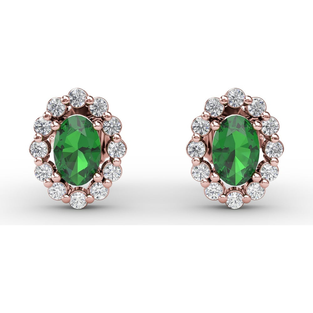 Oval Emerald Halo Stud Earrings with Pavé Set Round Diamonds by Fana - 1.32 Carat Total Gemstone Weight