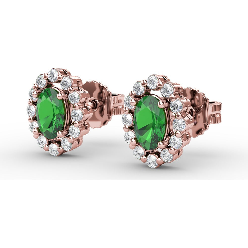Oval Emerald Halo Stud Earrings with Pavé Set Round Diamonds by Fana - 1.32 Carat Total Gemstone Weight