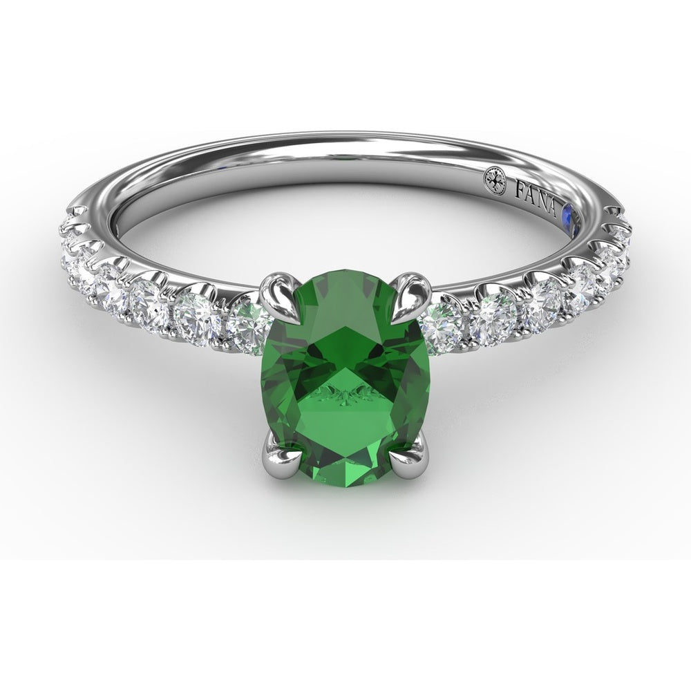 Oval Emerald Ring with Pavé Diamond Band and Claw Prongs by Fana - 1.17 Carat Total Gemstone Weight